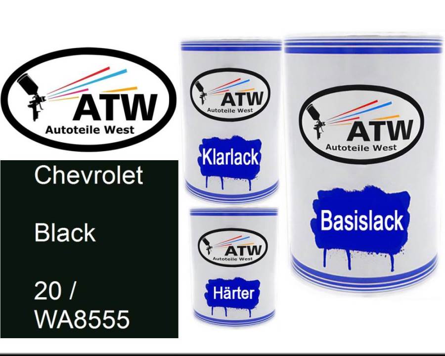 Chevrolet, Black, 20 / WA8555: 500ml Lackdose + 500ml Klarlack + 250ml Härter - Set, von ATW Autoteile West.